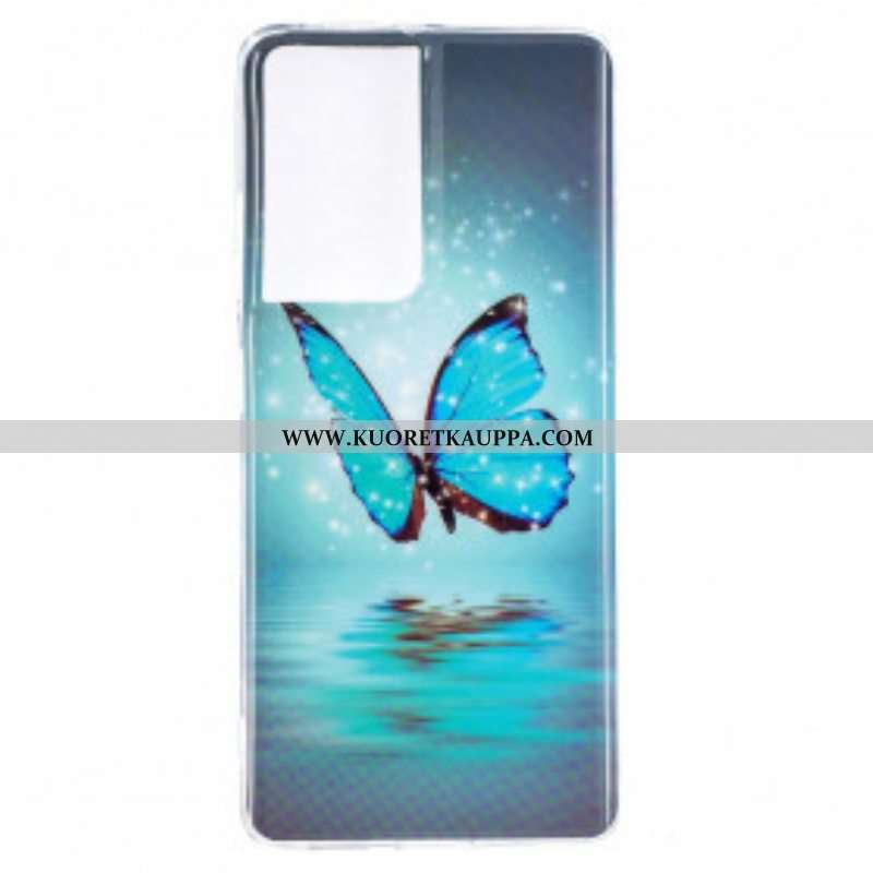 Kuori Samsung Galaxy S21 Ultra 5G Fluoresoiva Sininen Perhonen