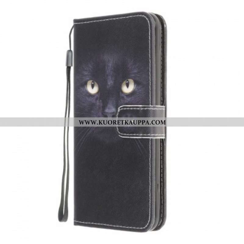 Nahkakotelo Samsung Galaxy M32 Suojaketju Kuori Strappy Black Cat Eyes