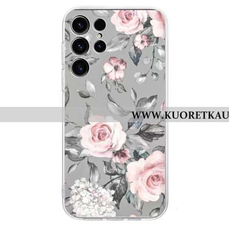 Kuori Samsung Galaxy S25 Ultra 5g Kukkakuvio Harmaalla Taustalla