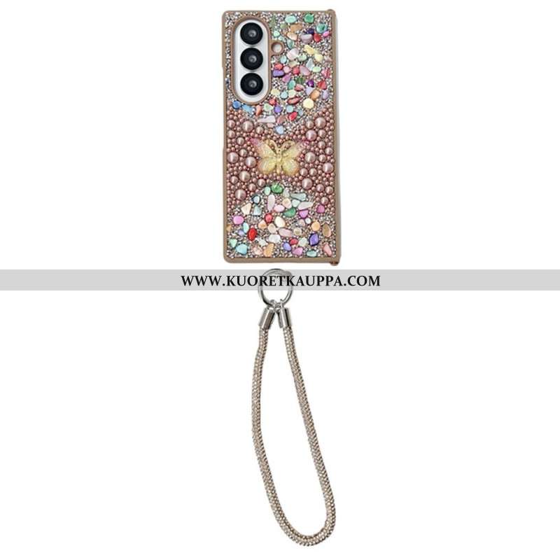 Kuori Samsung Galaxy Z Fold 7 Strassilla Koristeltu Perhonen Hihnalla