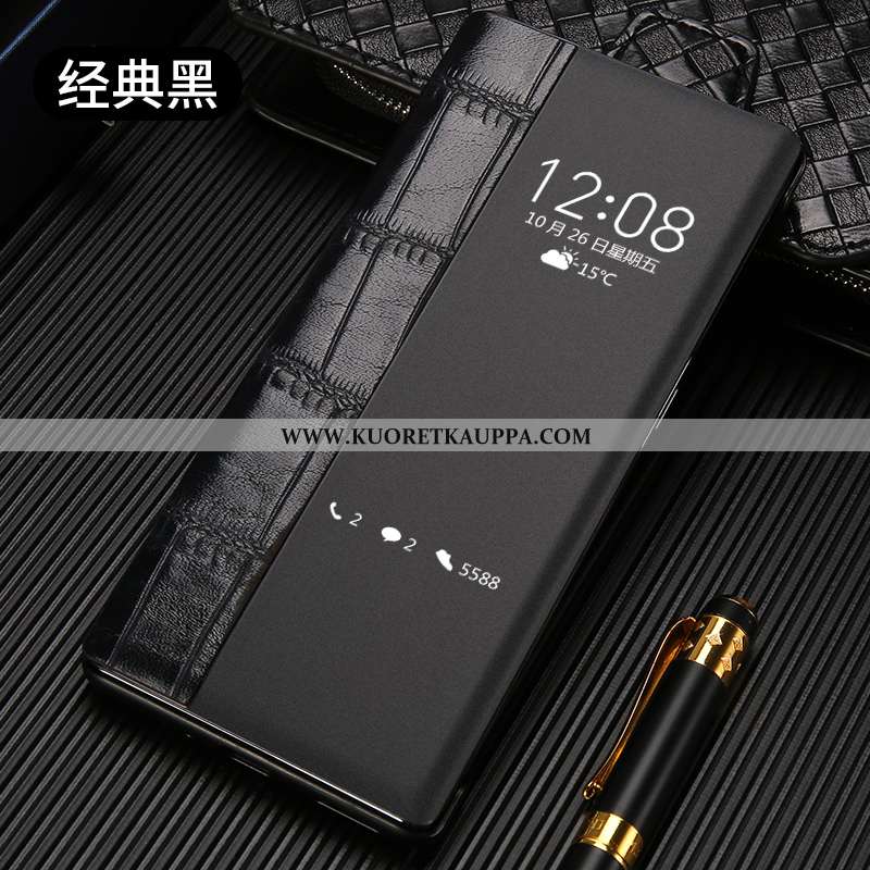 Kuori Huawei P30, Kuoret Huawei P30, Kotelo Huawei P30 Kukkakuvio Nahkakuori Windows Mustat