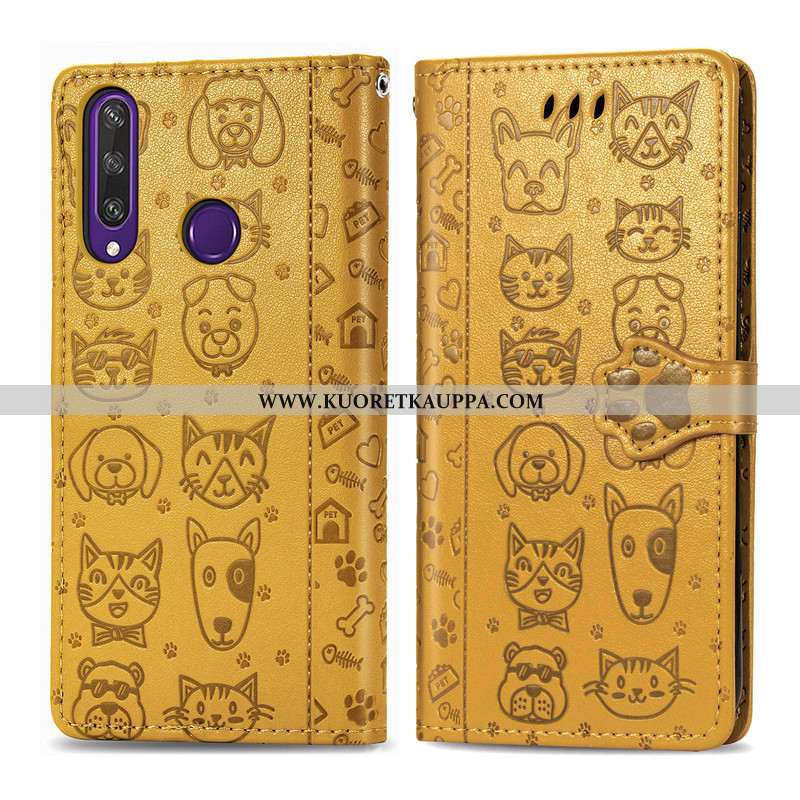 Kuori Huawei Y6p, Kuoret Huawei Y6p, Kotelo Huawei Y6p Nahka Suojaus Kissa Kukka Violetti