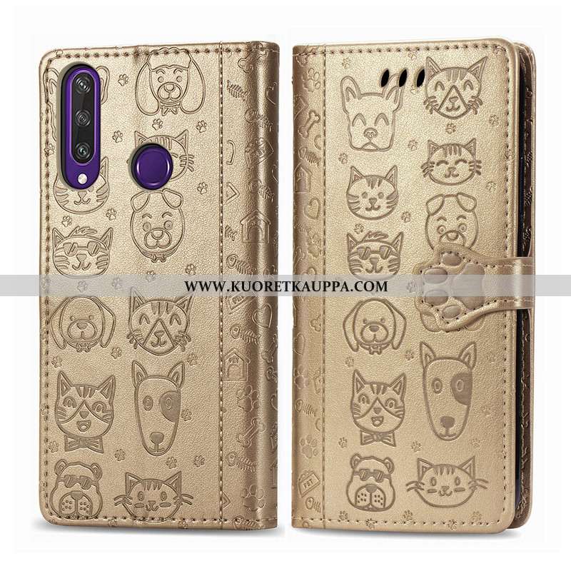 Kuori Huawei Y6p, Kuoret Huawei Y6p, Kotelo Huawei Y6p Nahka Suojaus Kissa Kukka Violetti