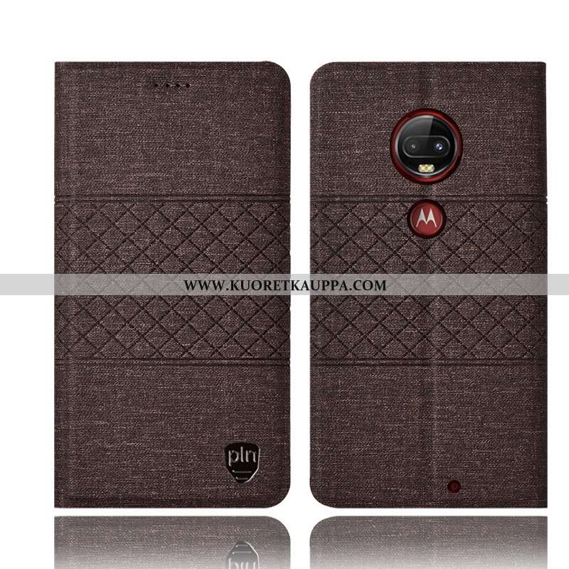 Kuori Moto G7 Plus, Kuoret Moto G7 Plus, Kotelo Moto G7 Plus Pellava Nahkakuori Sininen