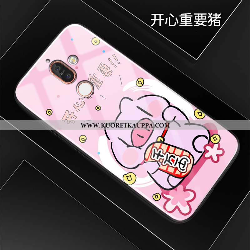 Kuori Nokia 7 Plus, Kuoret Nokia 7 Plus, Kotelo Nokia 7 Plus Lasi Pesty Suede Sarjakuva Ihana Punain