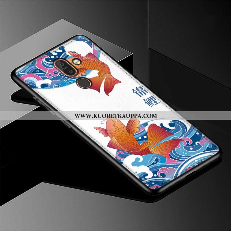 Kuori Nokia 7 Plus, Kuoret Nokia 7 Plus, Kotelo Nokia 7 Plus Suojaus Luova Nahka Kohokuviointi Sinin