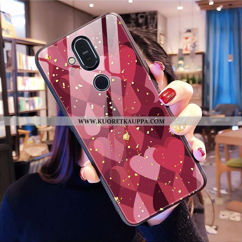 Kuori Nokia 8.1, Kuoret Nokia 8.1, Kotelo Nokia 8.1 Kukkakuvio Lasi All Inclusive Net Red Punainen