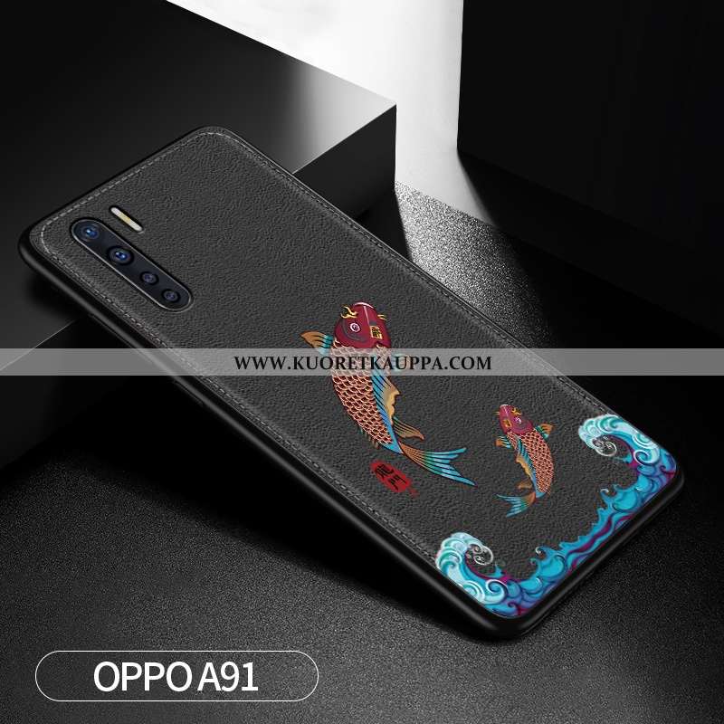 Kuori Oppo A91, Kuoret Oppo A91, Kotelo Oppo A91 Kohokuviointi Nahka Net Red Tummansininen Persoonal