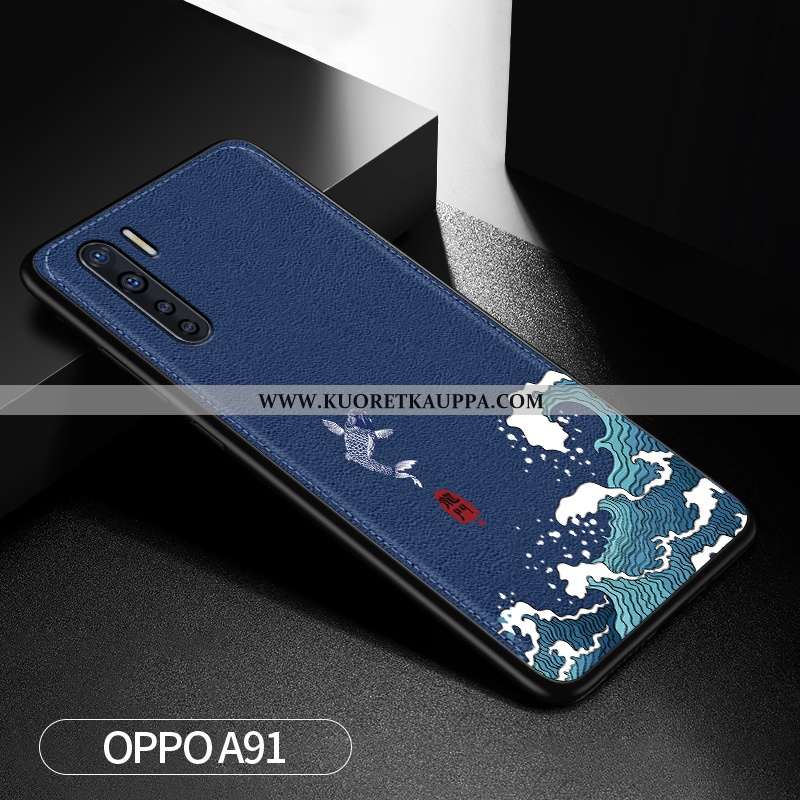 Kuori Oppo A91, Kuoret Oppo A91, Kotelo Oppo A91 Kohokuviointi Nahka Net Red Tummansininen Persoonal