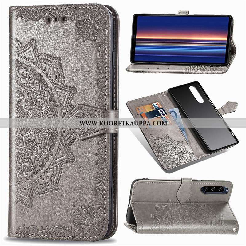 Kuori Sony Xperia 5, Kuoret Sony Xperia 5, Kotelo Sony Xperia 5 Nahka Suojaus Kukka Puhelimen Sinine