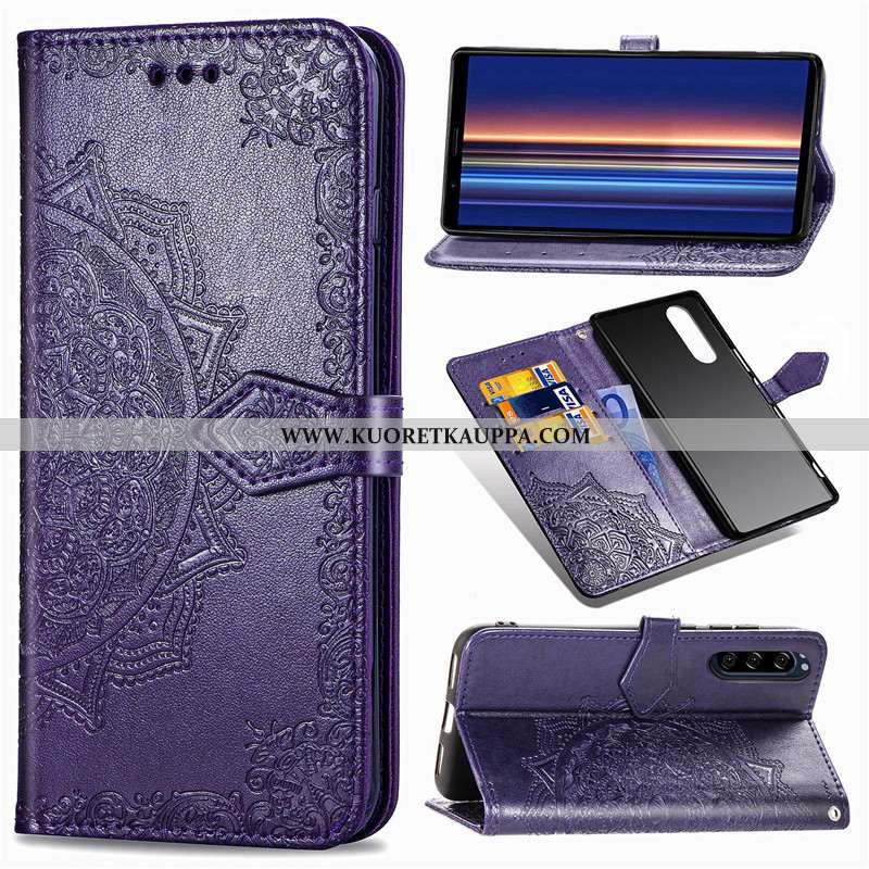 Kuori Sony Xperia 5, Kuoret Sony Xperia 5, Kotelo Sony Xperia 5 Nahka Suojaus Kukka Puhelimen Sinine