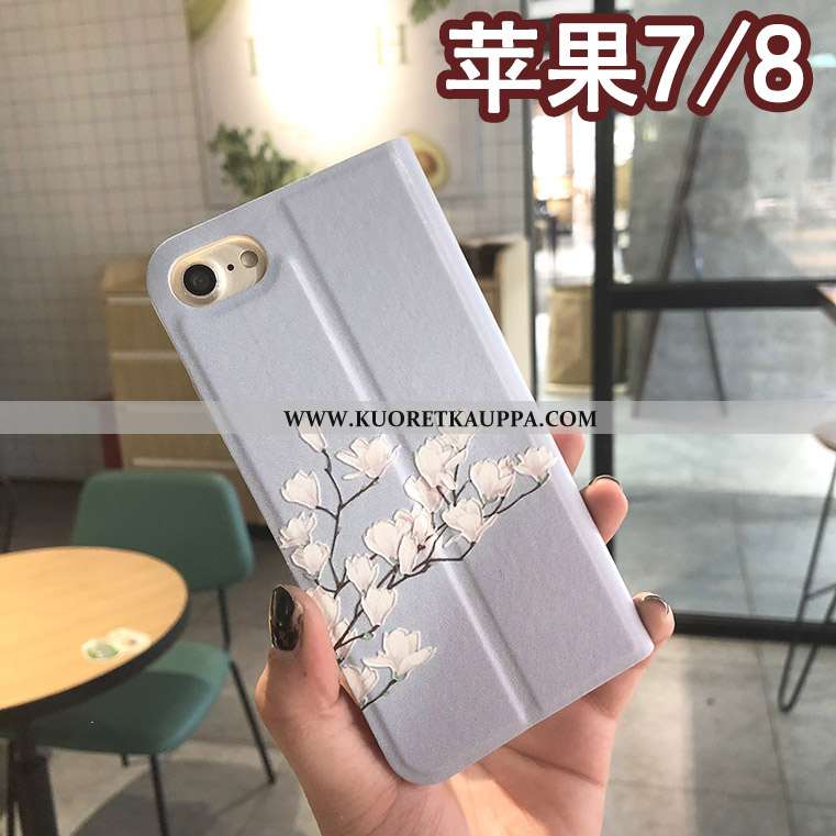 Kuori iPhone 8, Kuoret iPhone 8, Kotelo iPhone 8 Suojaus Nahkakuori Kukka- Sininen Puhelimen