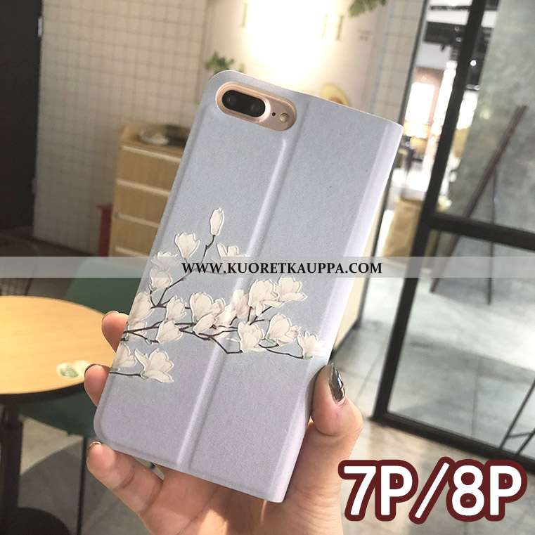 Kuori iPhone 8, Kuoret iPhone 8, Kotelo iPhone 8 Suojaus Nahkakuori Kukka- Sininen Puhelimen