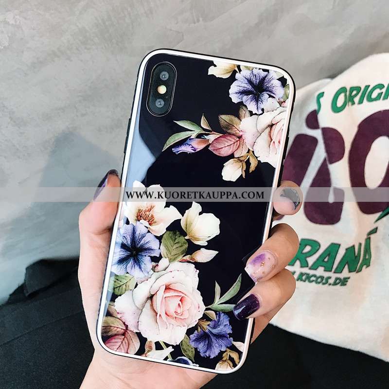 Kuori iPhone X, Kuoret iPhone X, Kotelo iPhone X Lasi Tyylikäs Peili Kukkia Karkaisu Mustat