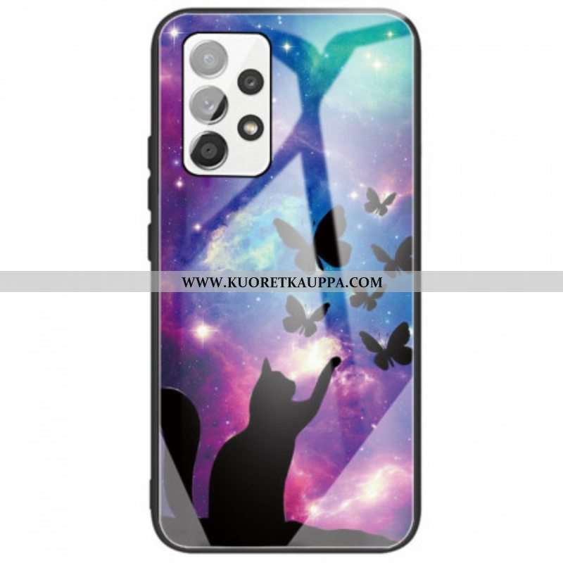 Case Samsung Galaxy A53 5G Karkaistu Lasi Kissa Ja Perhosia Avaruudessa