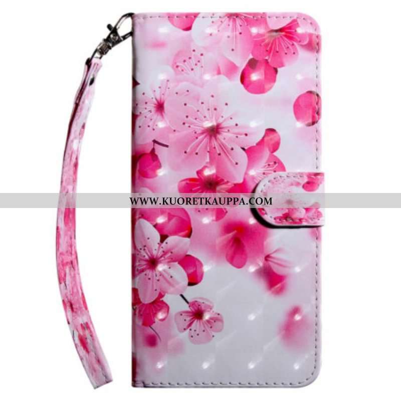 Flip Case Samsung Galaxy A14 / A14 5G Suojaketju Kuori Olkaimet Vaaleanpunaiset Kukat