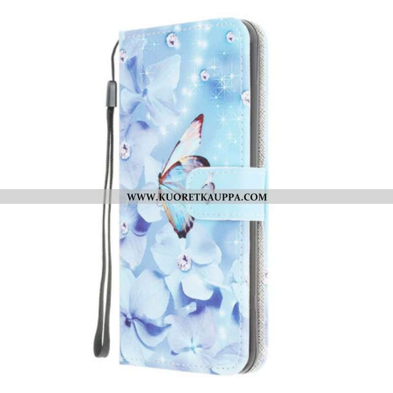Flip Case Samsung Galaxy M12 / A12 Suojaketju Kuori Strappy Diamond Perhoset