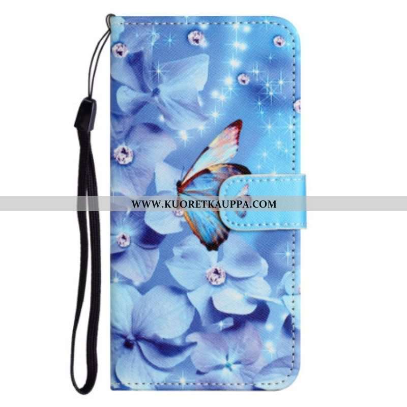Flip Case Samsung Galaxy S23 5G Suojaketju Kuori Strappy Diamond Perhoset