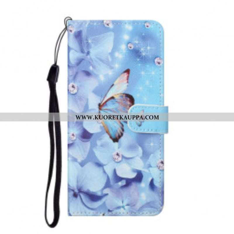 Flip Case Xiaomi Redmi Note 10 Pro Suojaketju Kuori Strappy Diamond Perhoset