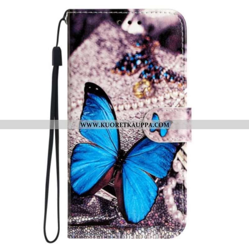 Kotelot Moto G73 5G Suojaketju Kuori Precious Blue Butterfly Hihnalla