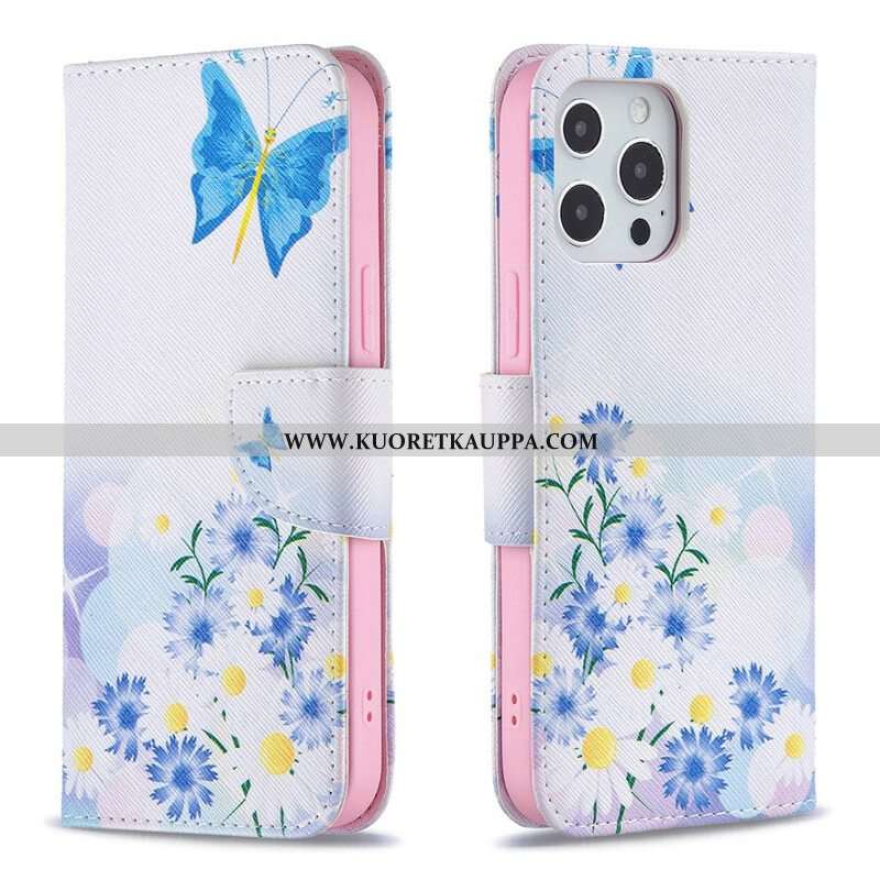 Kotelot iPhone 13 Pro Max Maalattuja Perhosia Ja Kukkia