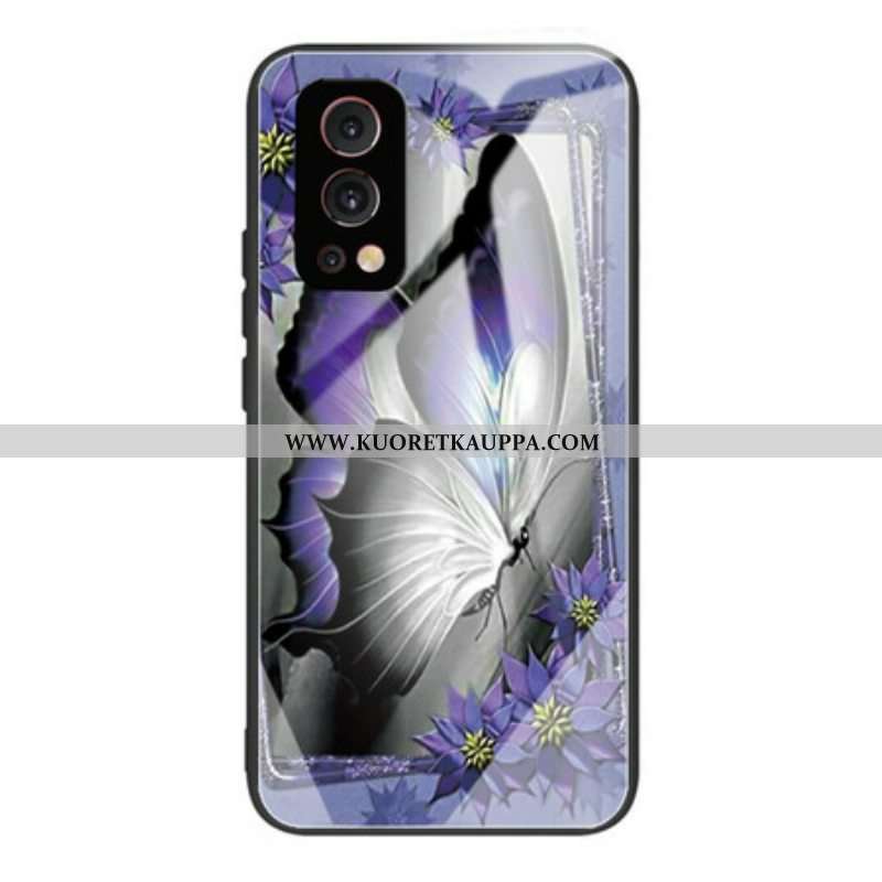 Kuori OnePlus Nord 2 5G Purple Butterfly Karkaistu Lasi