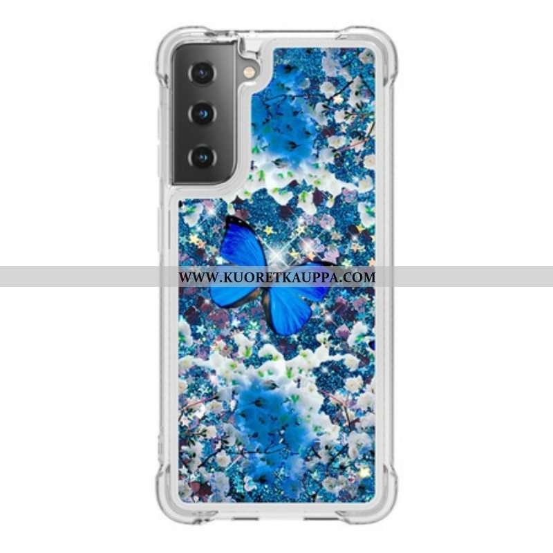 Kuori Samsung Galaxy S21 5G Glitter Blue Perhoset