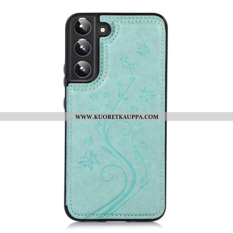 Kuori Samsung Galaxy S22 5G Keinonahkainen Korttipidike Jalusta Kukkia