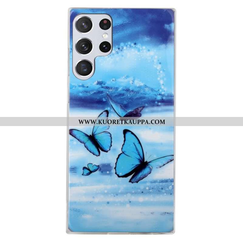 Kuori Samsung Galaxy S22 Ultra 5G Fluoresoivat Siniset Perhoset