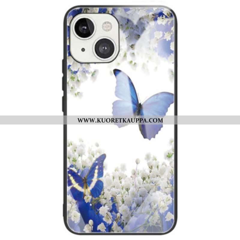 Kuori iPhone 14 Blue Butterflies Karkaistu Lasi