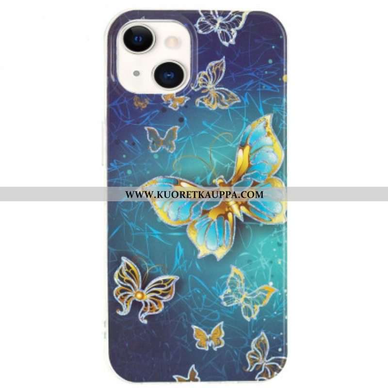 Kuori iPhone 15 Plus Kultaisia Perhosia