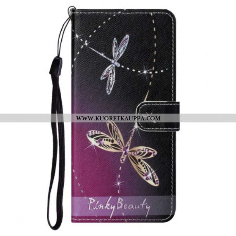 Nahkakotelo Moto G71 5G Suojaketju Kuori Strappy Dragonflies