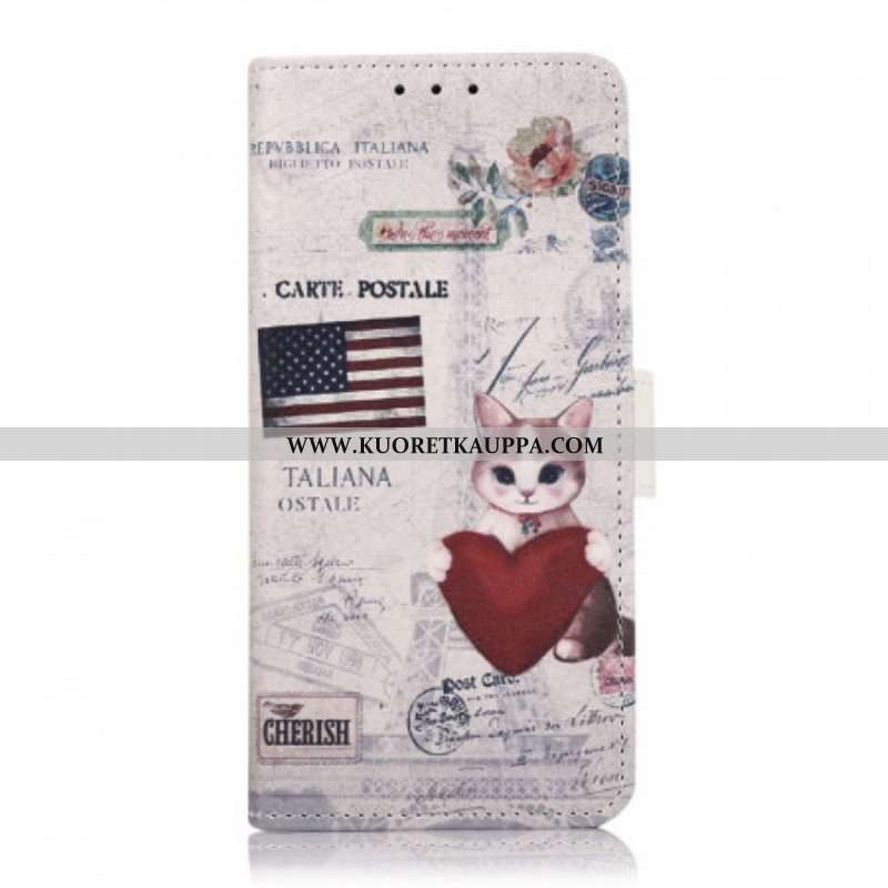 Nahkakotelo Moto G71 5G Traveller Cat