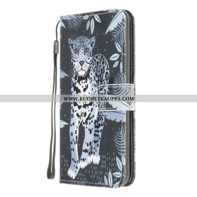 Nahkakotelo Samsung Galaxy A42 5G Suojaketju Kuori Strappy Leopard