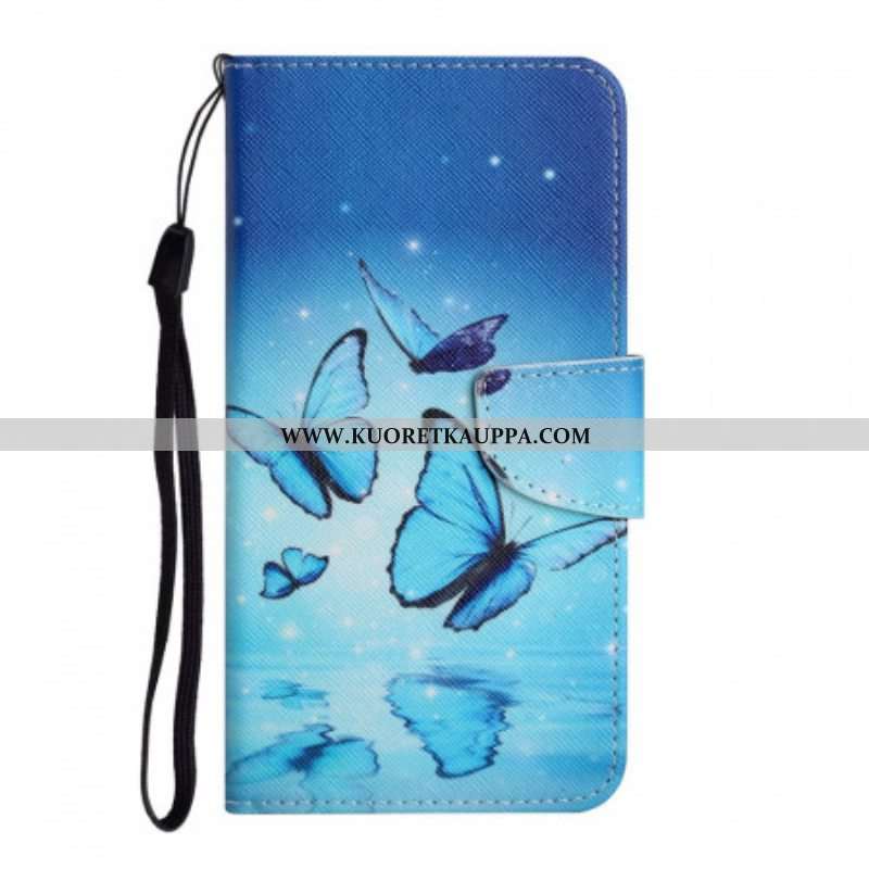 Nahkakotelo Samsung Galaxy S22 Ultra 5G Sinisiä Perhosia