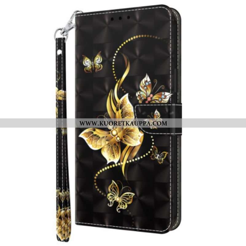 Nahkakotelo Samsung Galaxy S23 5G Suojaketju Kuori Butterflies Kultainen Hihna