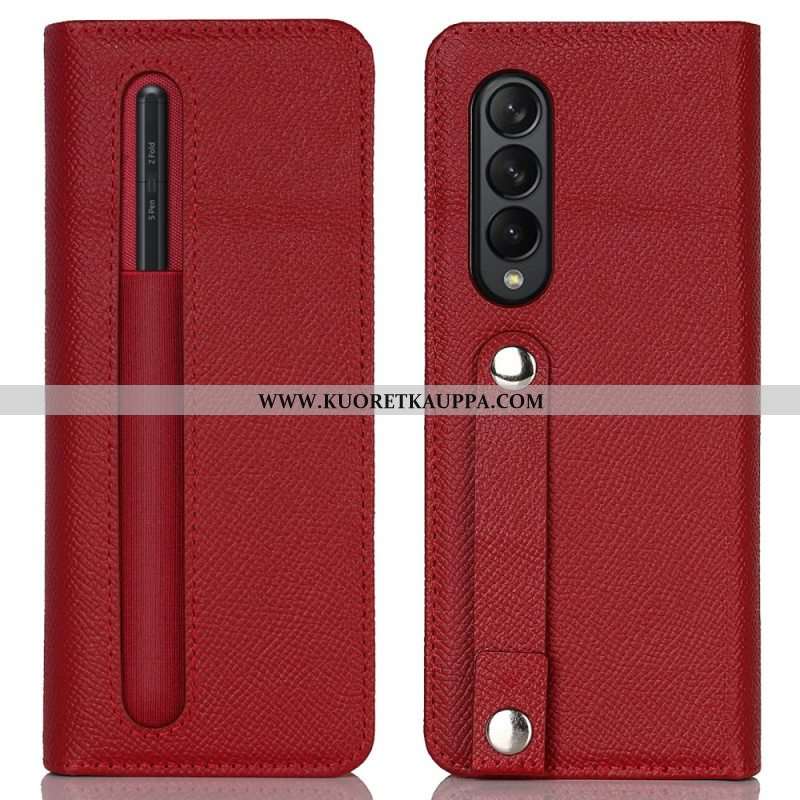 Nahkakotelo Samsung Galaxy Z Fold 3 5G Aitoa Nahkaa Oleva Kynäpidike Ja -hihna