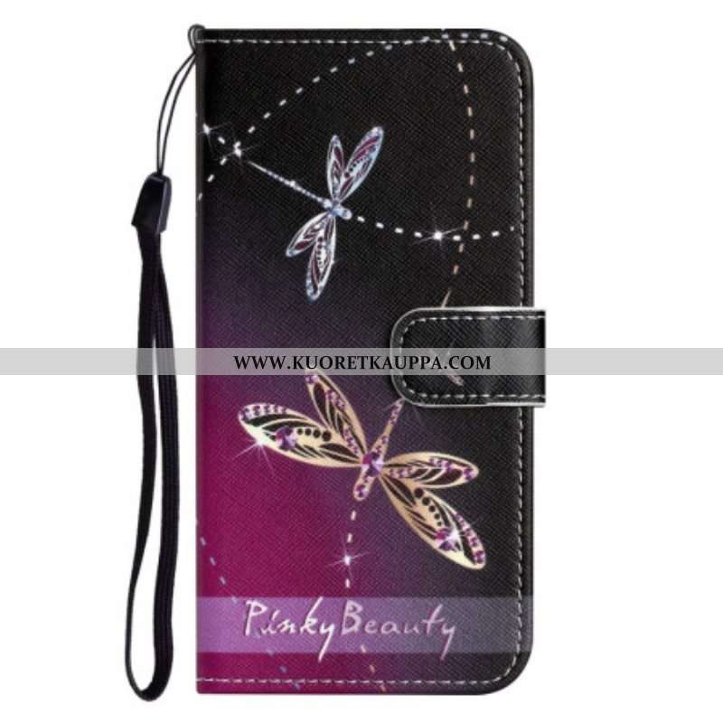 Nahkakotelo iPhone 14 Plus Suojaketju Kuori Strappy Dragonflies