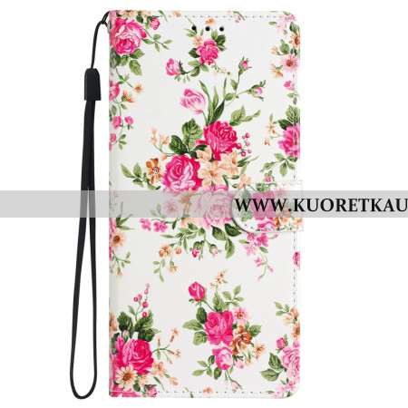 Nahkakotelo Samsung Galaxy S24 5g Punaiset Kukat Hihnalla