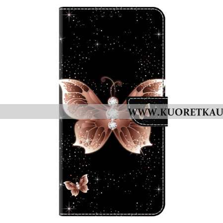 Nahkakotelo Xiaomi Redmi Note 13 5g Vaaleanpunaiset Timanttiperhoset